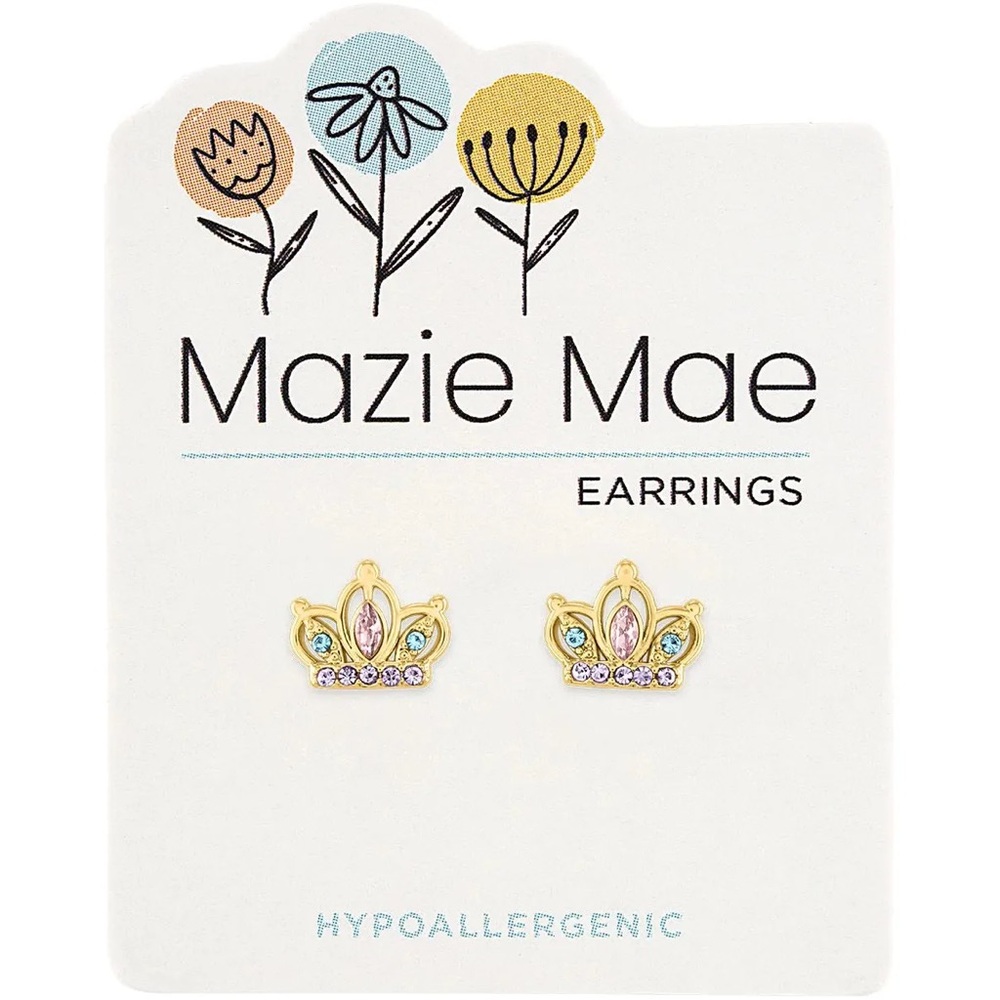 Mazie Mae Gold Crown Stud Earrings with Pastel Crystals.